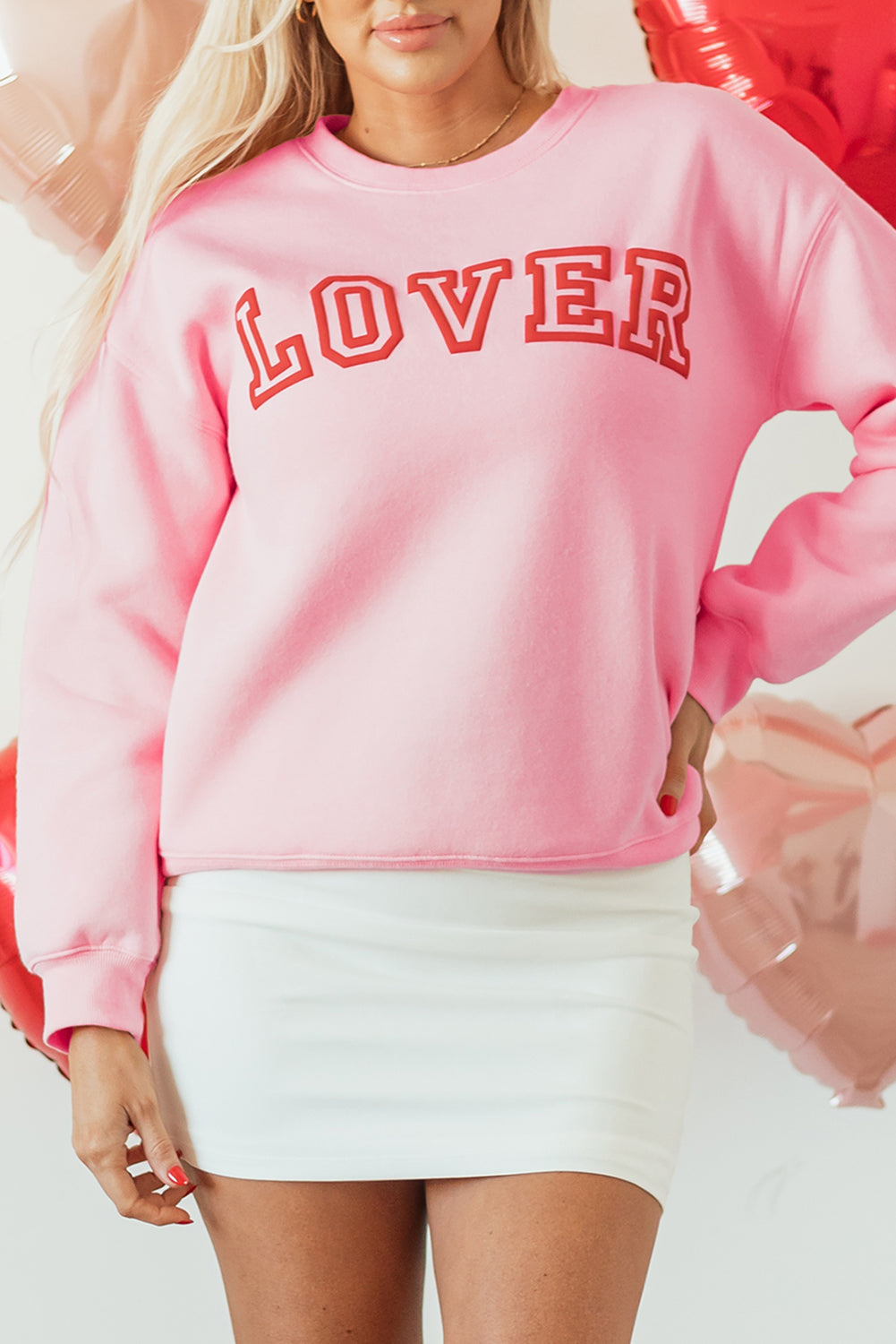 Pink LOVER Puff Print Drop Shoulder Pullover Sweatshirt