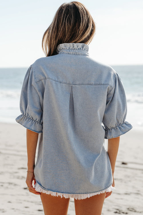 Aya Ruffle Short Puff Sleeve Summer Chambray Top-1