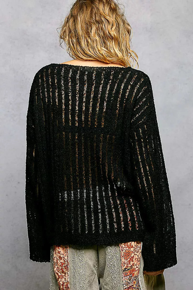 POL Round Neck Long Sleeve Open Weave Sweater-3