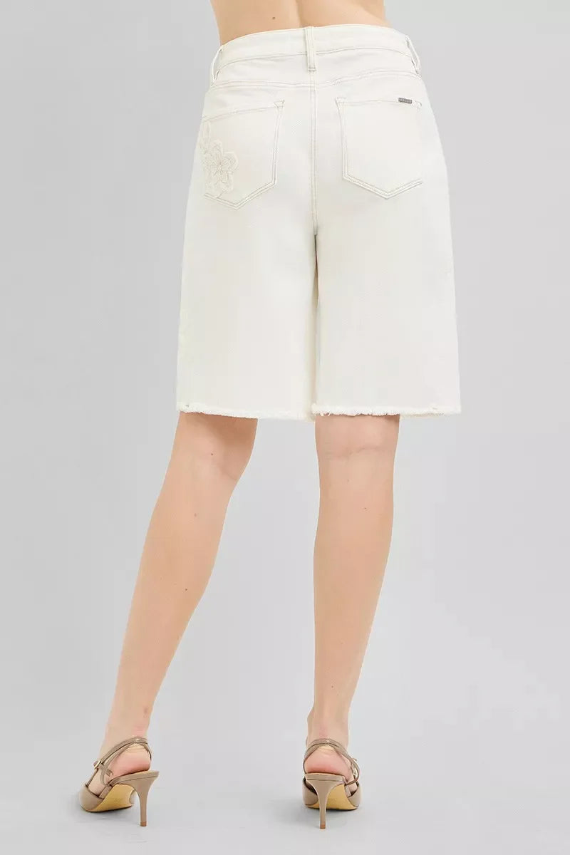 RISEN Slouchy Relaxed Floral Embroidered Bermuda Denim Shorts-2