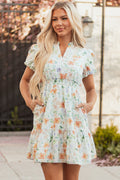 Katharine Floral Shirred High Waist Puff Sleeve Mini Dress-0