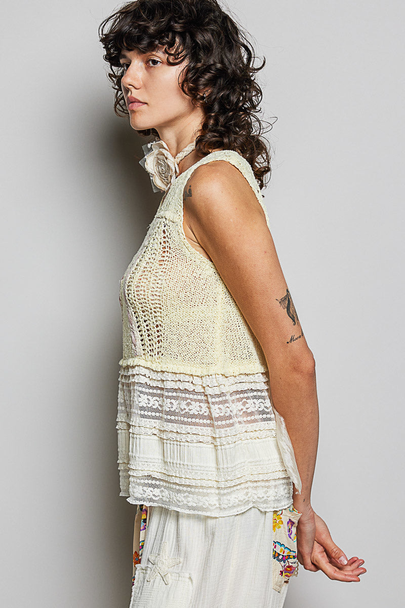 POL V-Neck Crochet Sweater Vest with Lace Trim-2