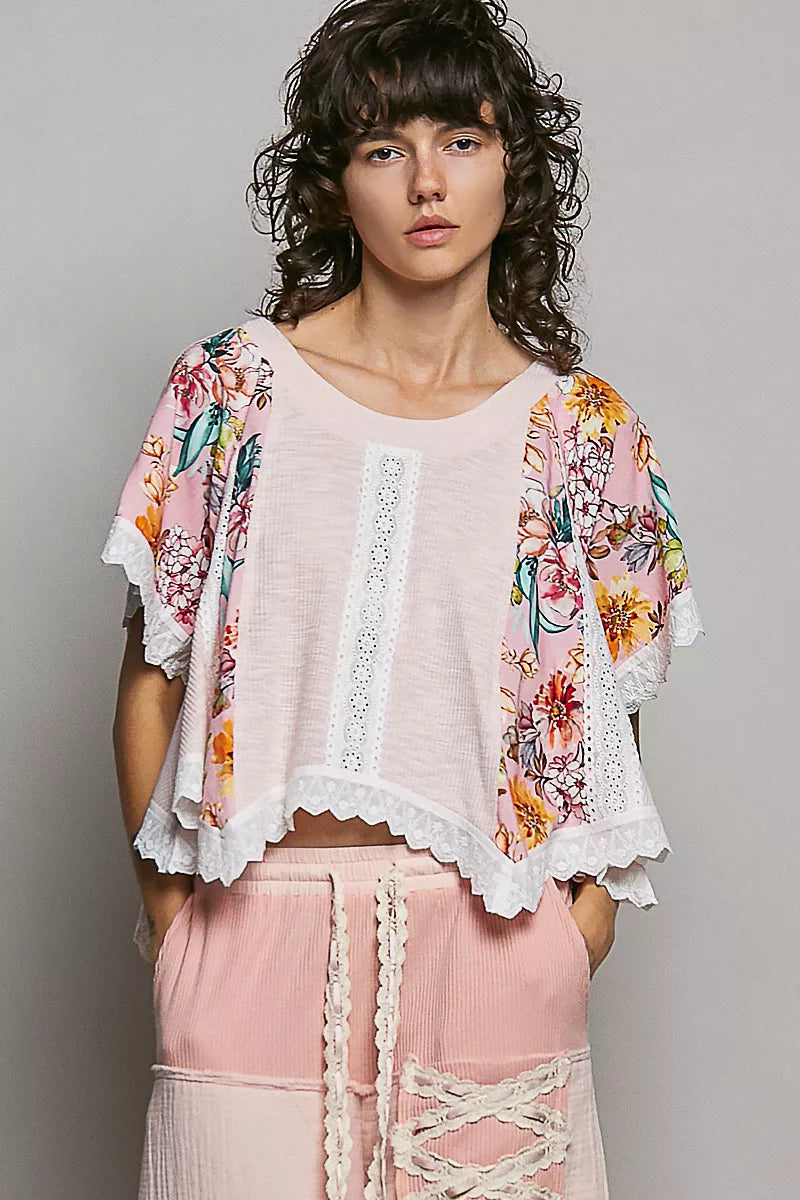 POL Round Neck Ribbed Cropped Top with Lace Detail-1