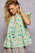 POL Tassel Tied Floral Flutter Sleeve Blouse-0