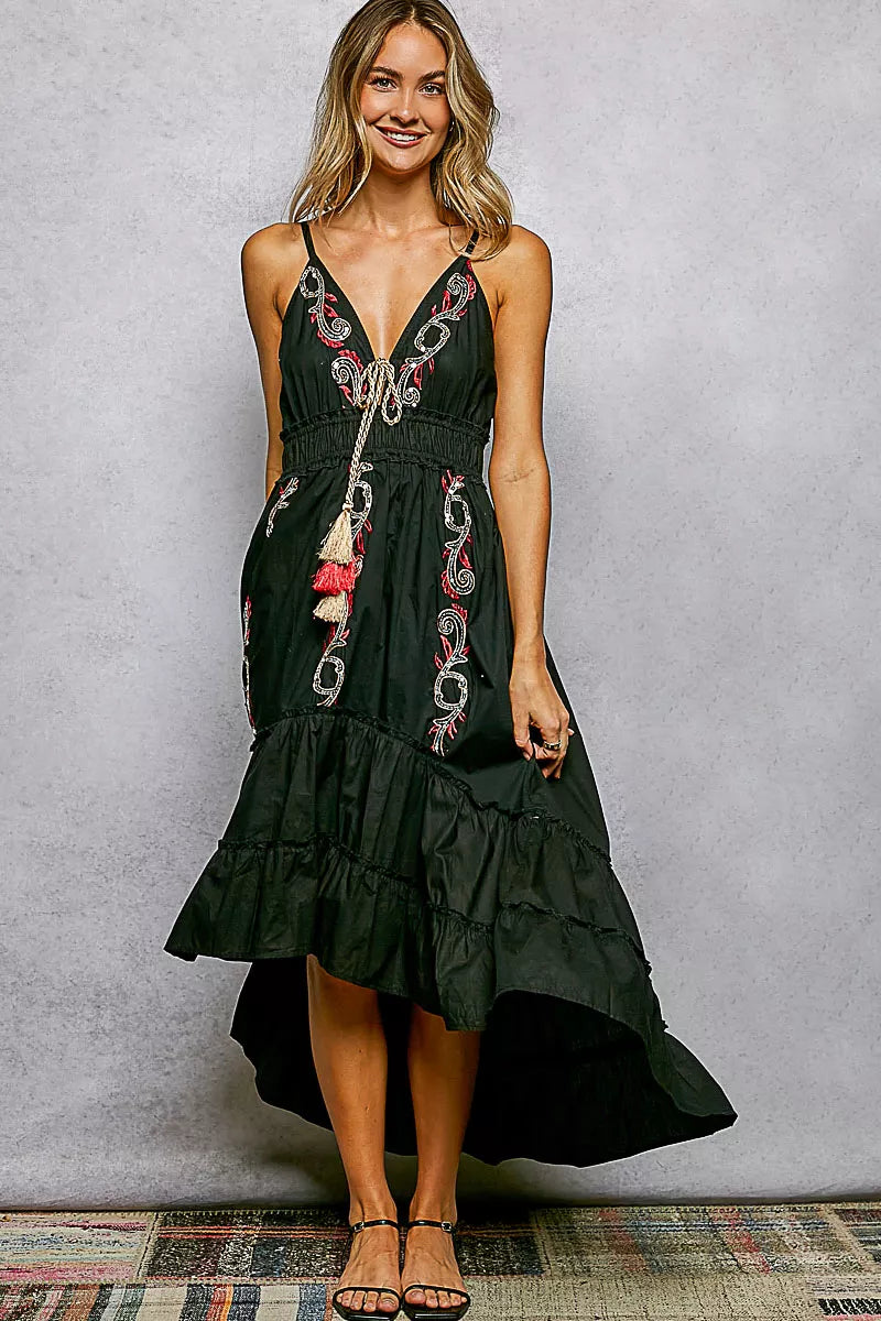 POL Embroidered Detail Tassel Tie Smocked Waist Midi Tiered Cami Dress-0