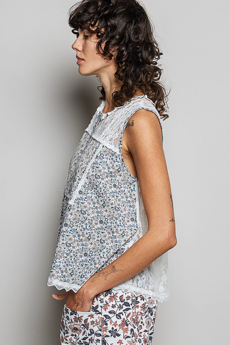 POL Printed Woven Lace Back Round Neck Sleeveless Top-2