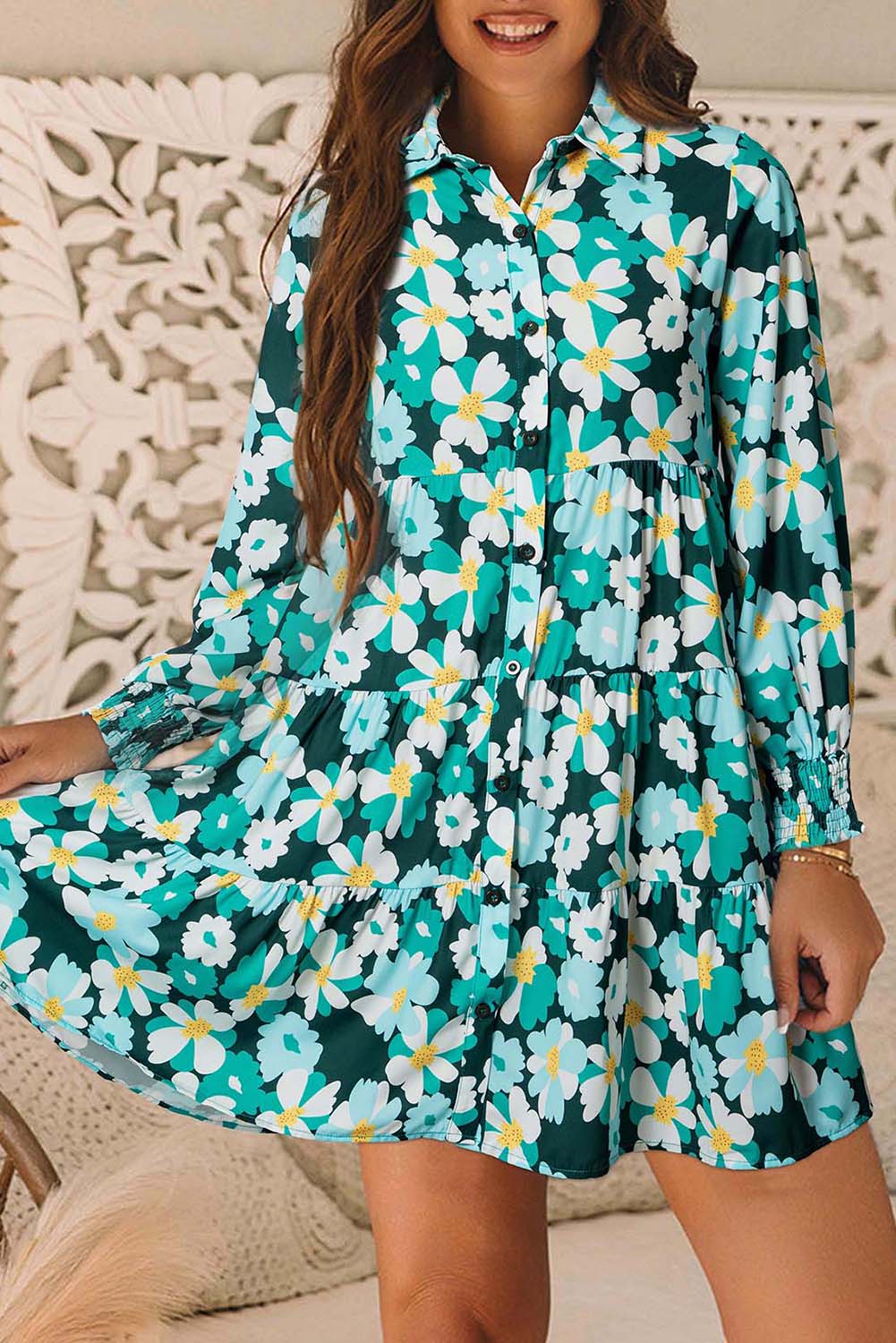 Green Floral Tiered Long Puff Sleeve Shirt Dress