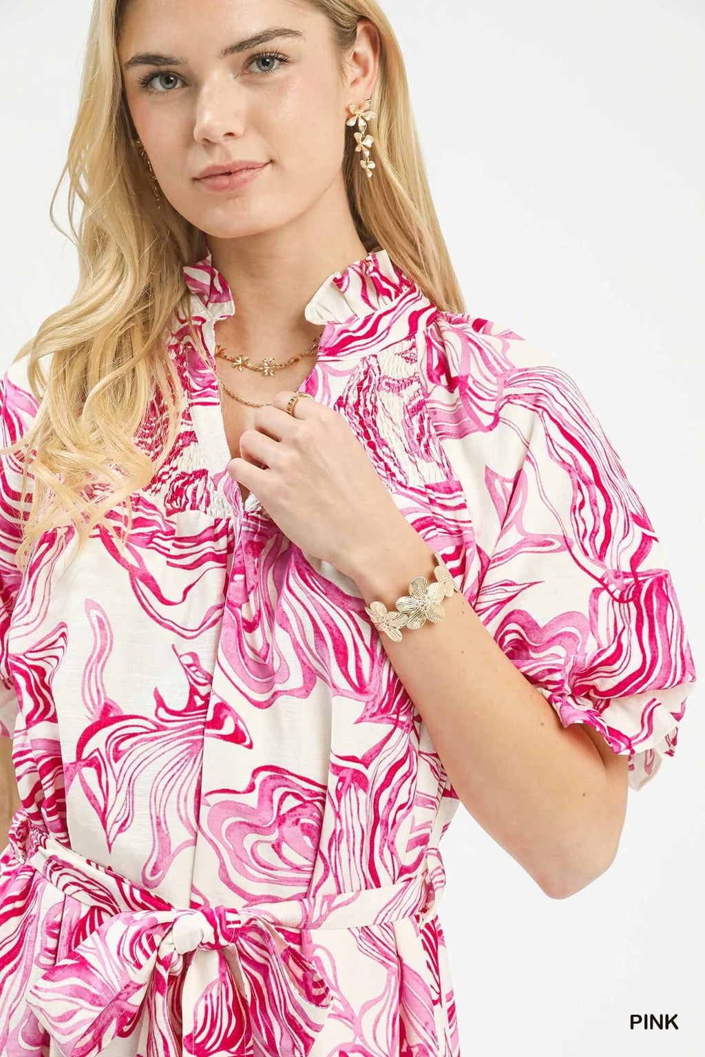 Umgee Abstract Print Smocked Tie Waist Midi Dress-3