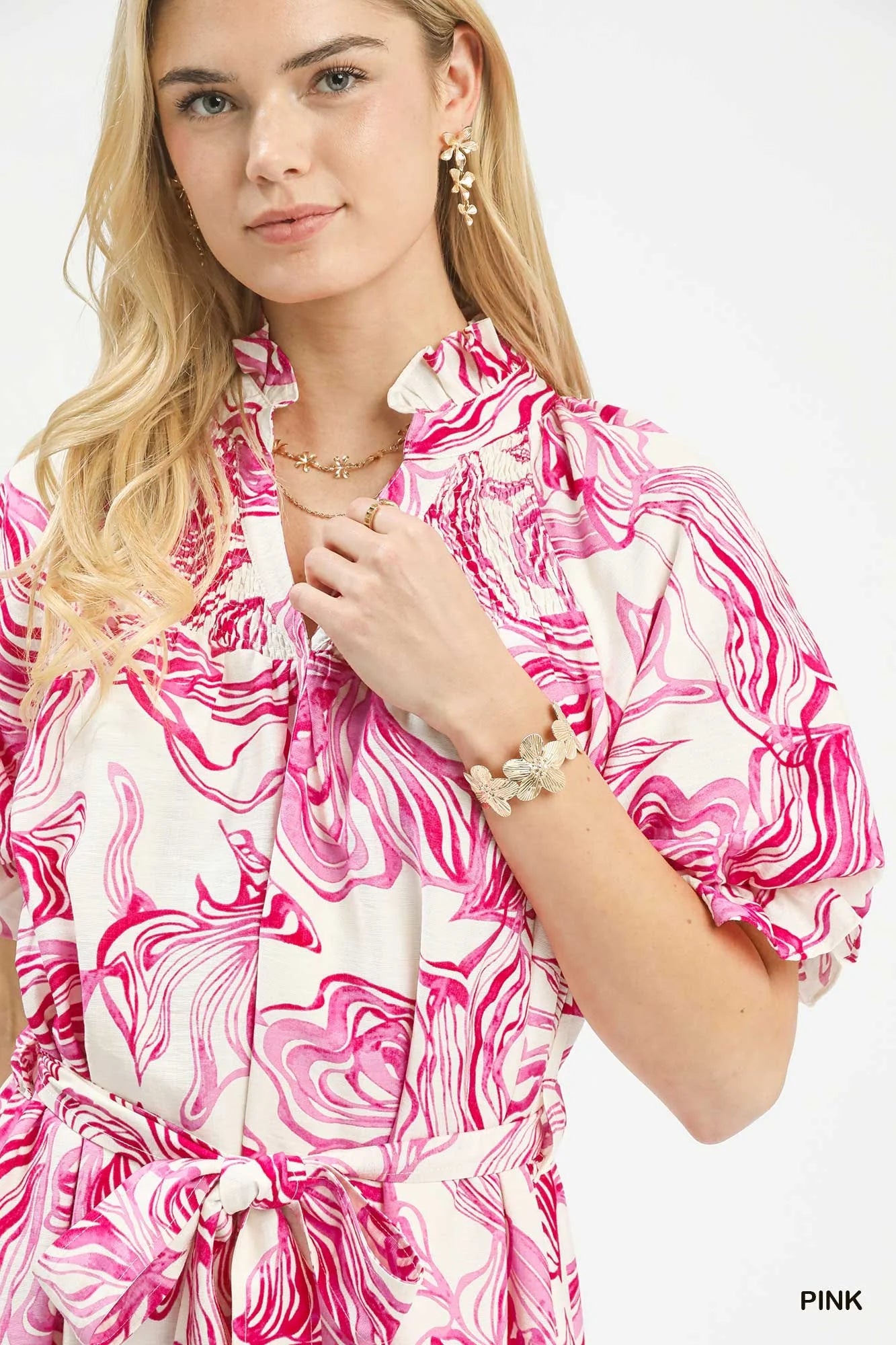 Umgee Abstract Print Smocked Tie Waist Midi Dress-3