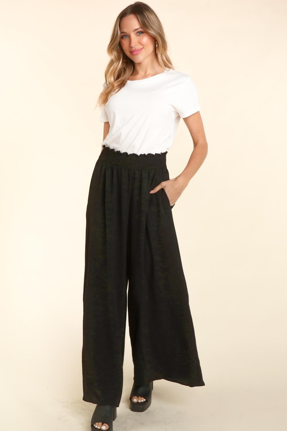 Haptics Elastic Waist Wide Leg Pants with Pockets-2