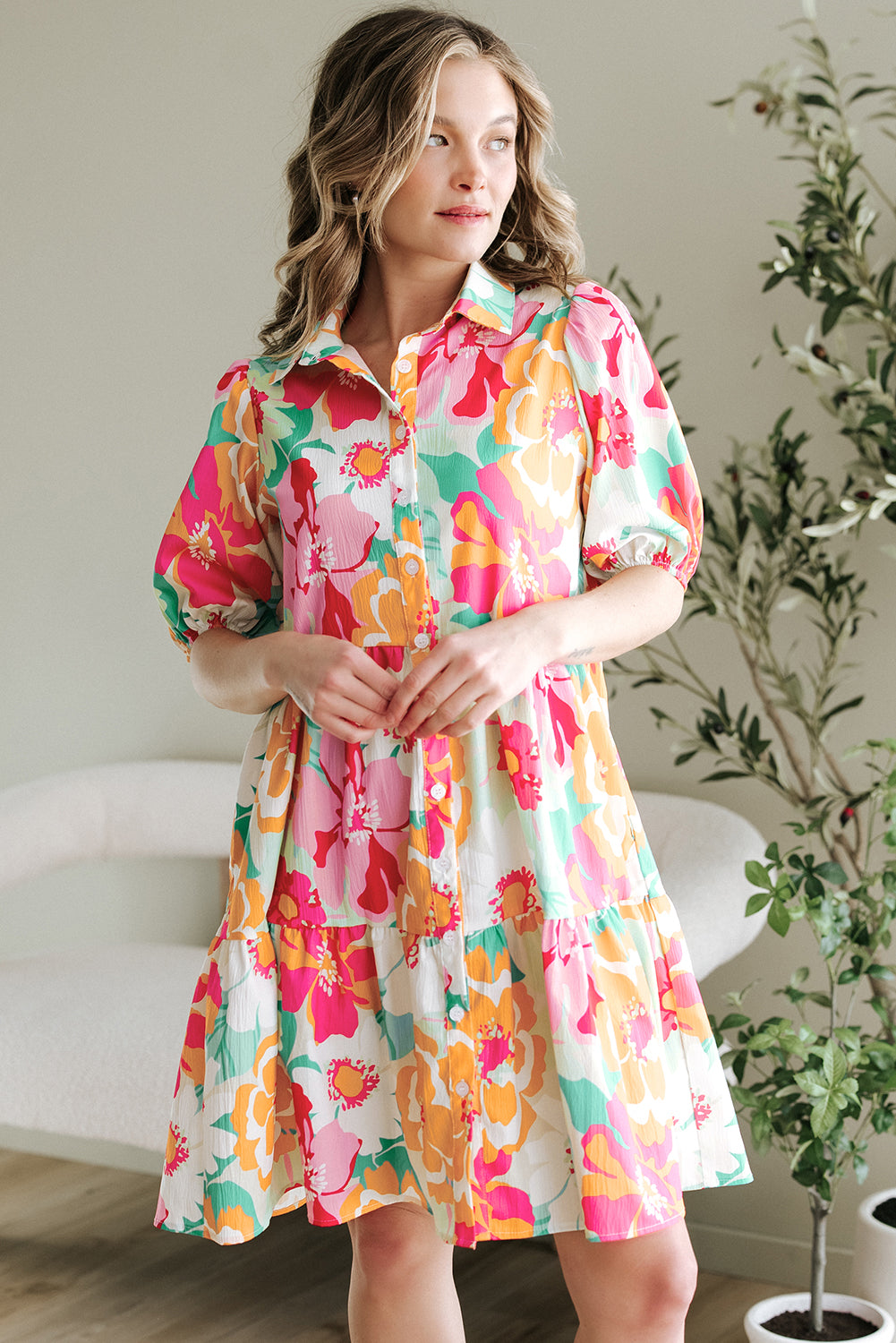 Pink Floral Puff Sleeve Collar Buttoned Babydoll Dress