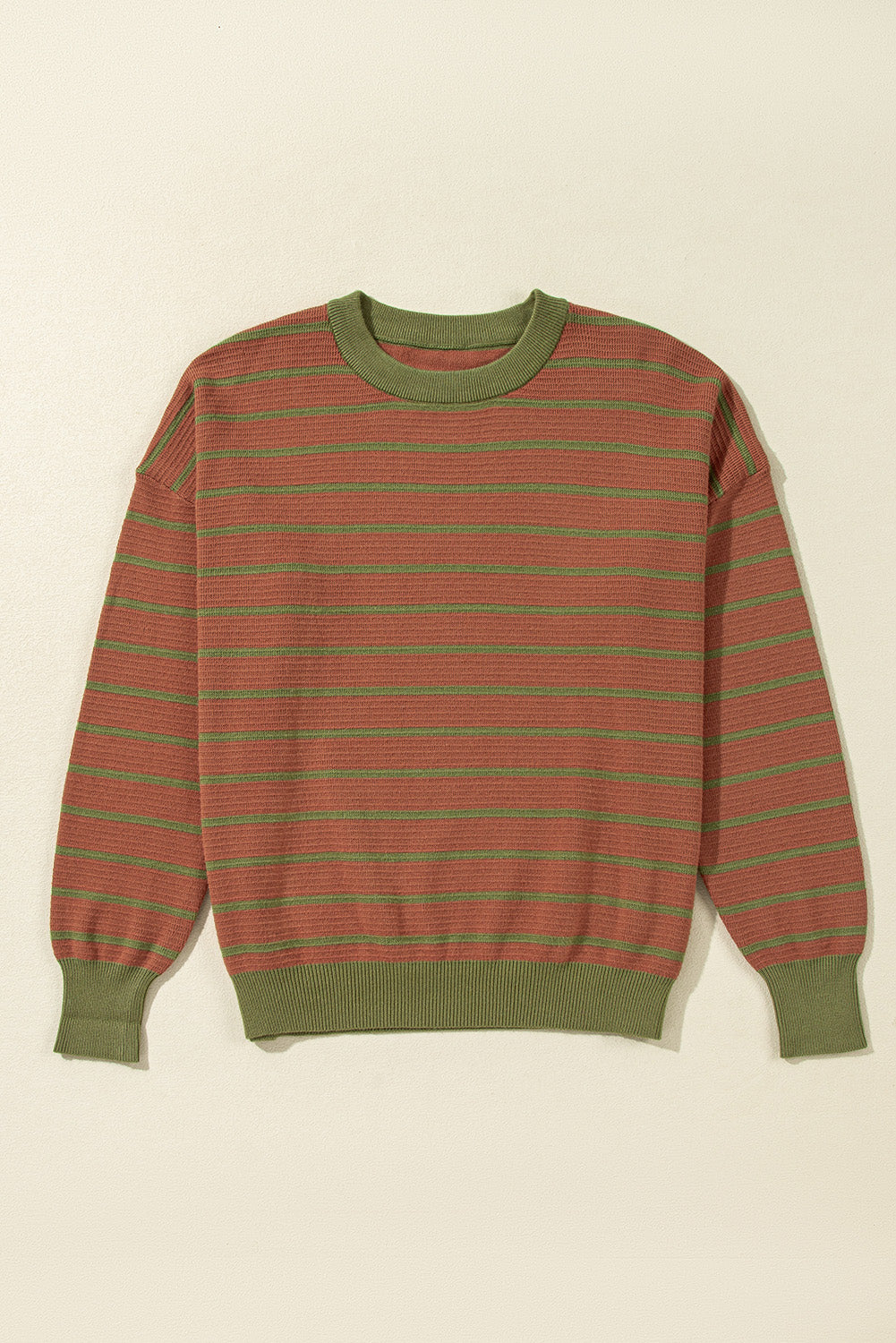 Brown Stripe Trimmed Round Neck Drop Shoulder Loose Sweater