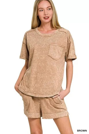 Zenana Halo Snow Washed Exposed Seam Top & Shorts Set-0