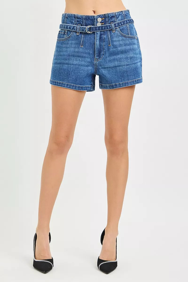 RISEN Double Button Slouchy Denim Shorts with Belt-4