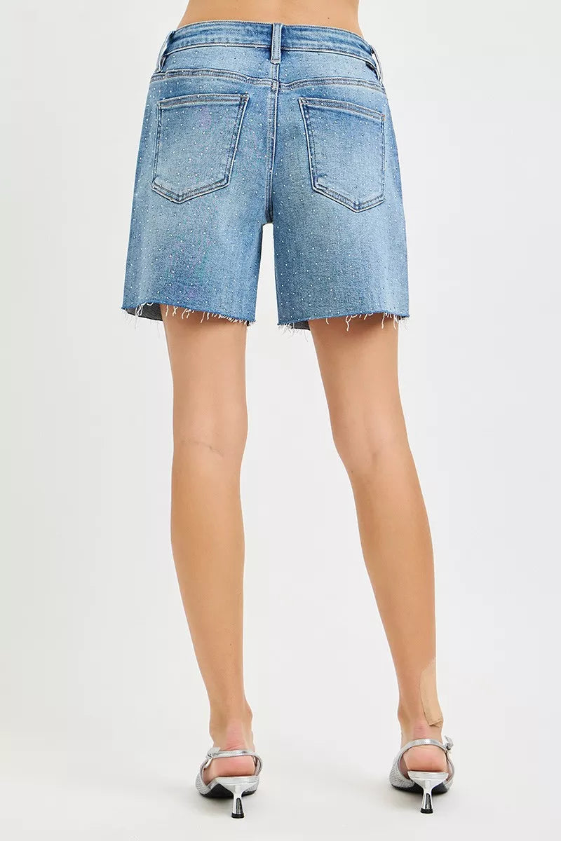 RISEN Slouchy Mid Length All Over Rhinestones Shorts-1