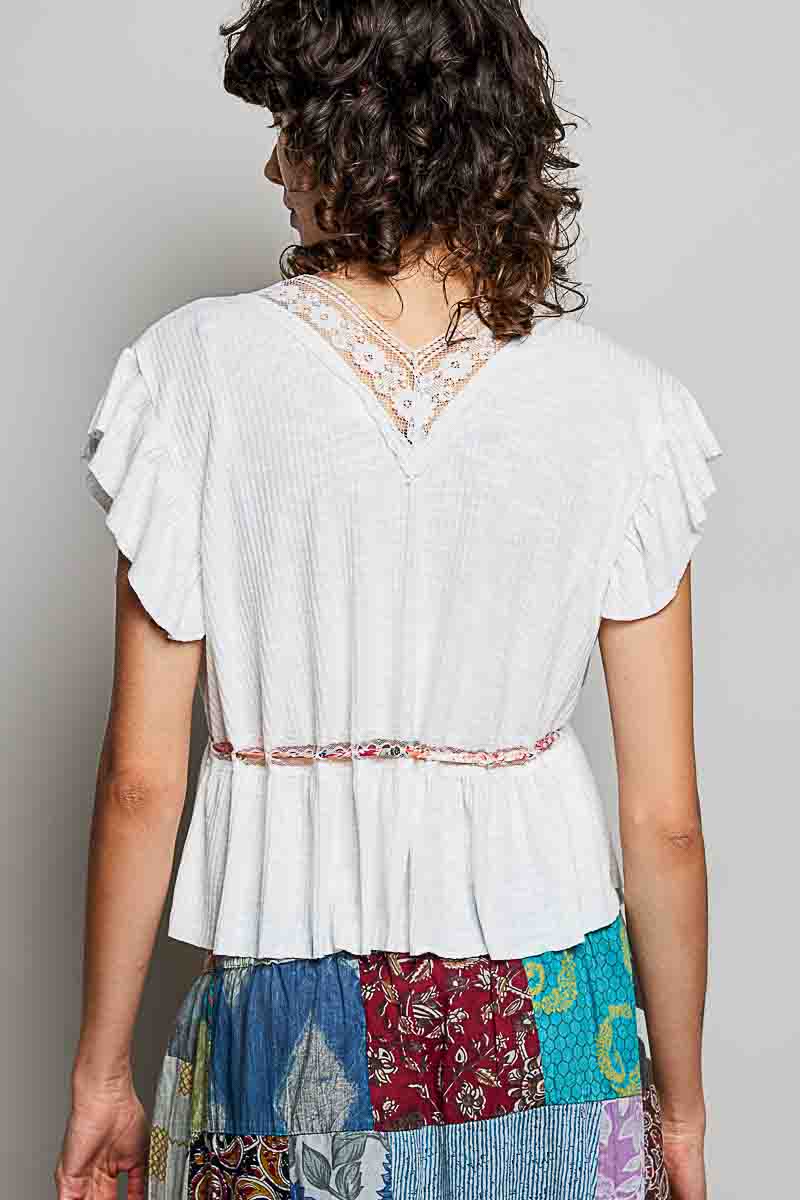 POL Tied Ruffled V-Neck Short Sleeve Blouse with Lace Detail-3