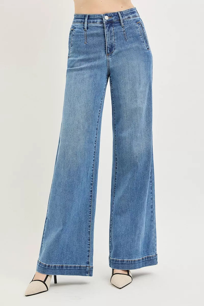 RISEN Tummy Control Elastic Band High Rise Wide Jeans-0