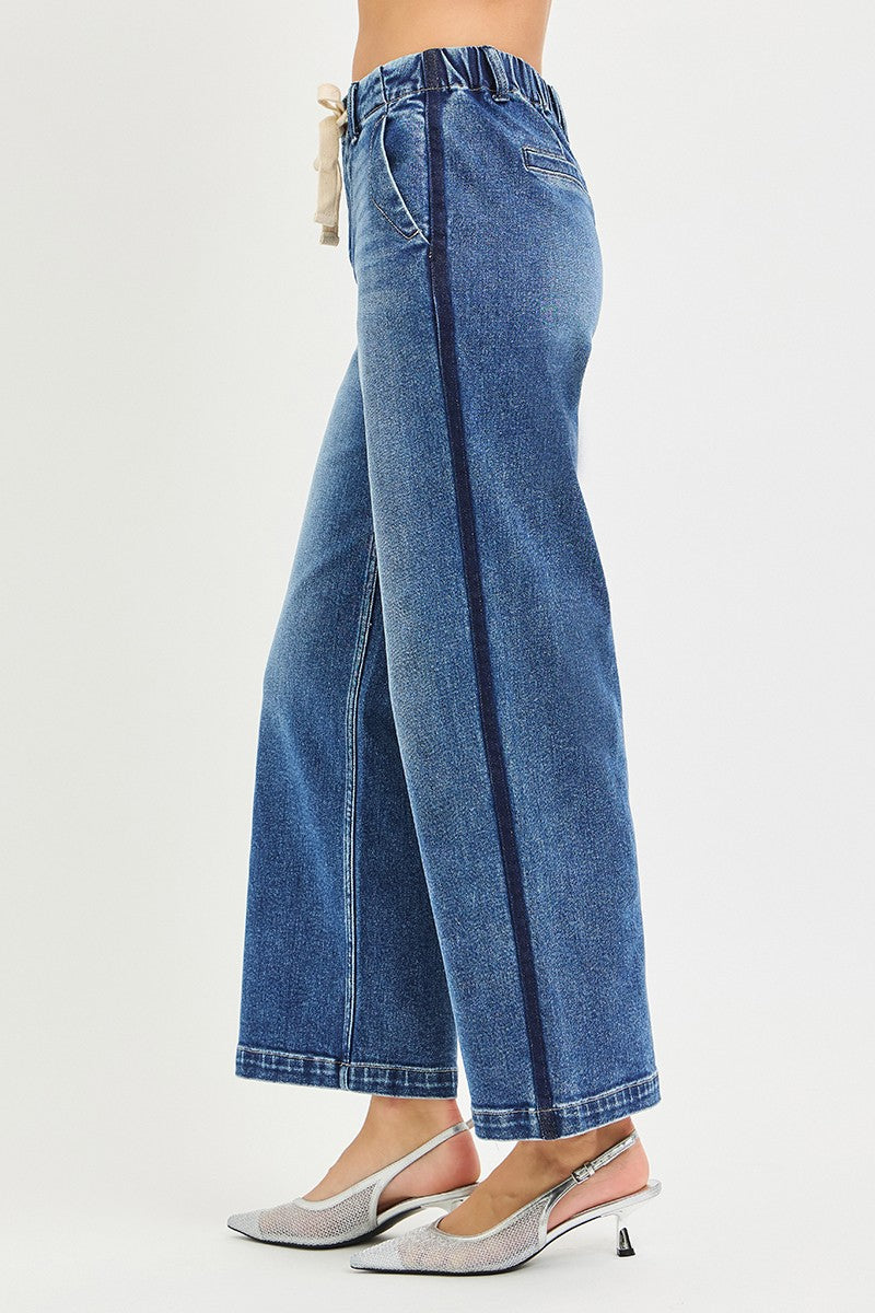 RISEN Elastic Band High Rise Cropped Wide Jeans-3