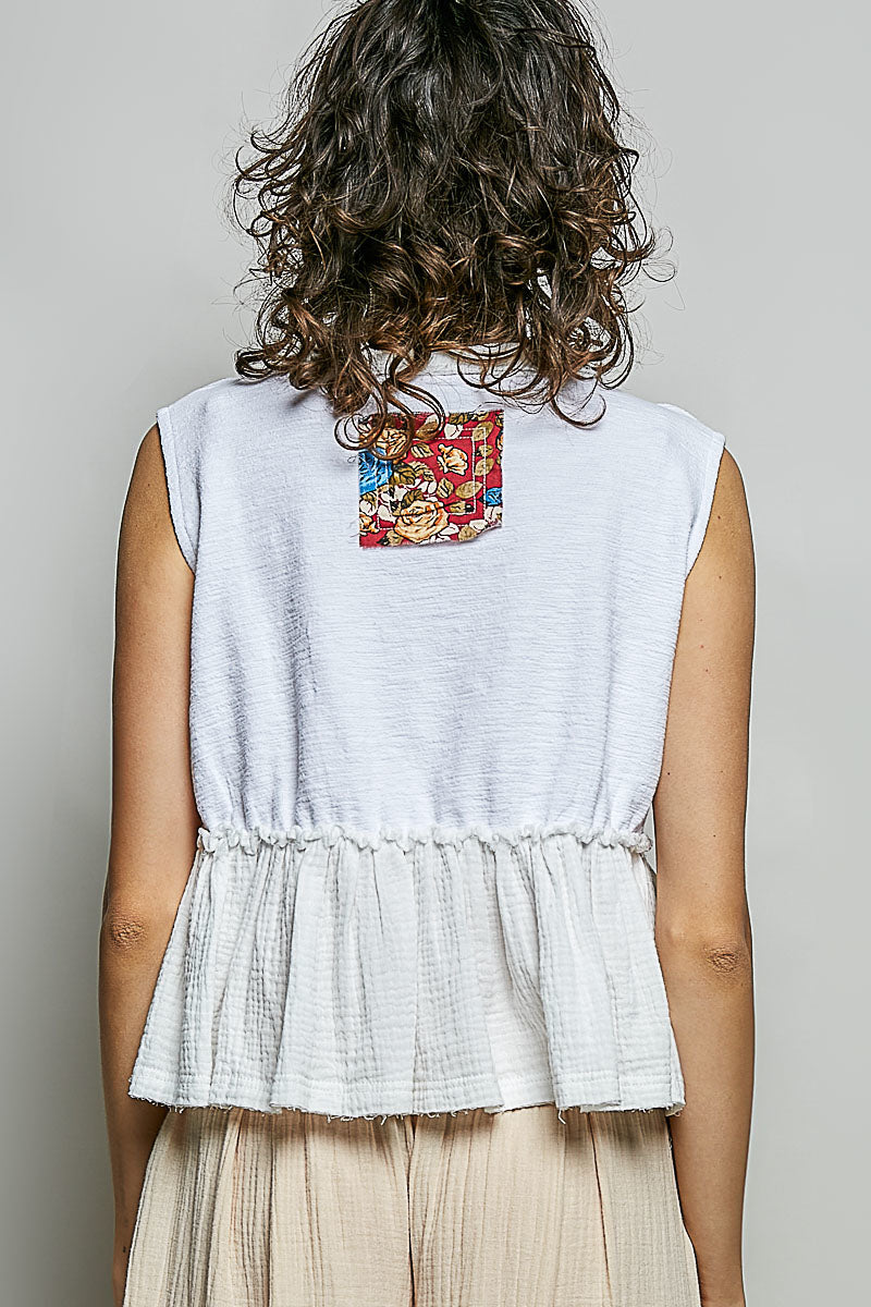 POL Floral Patch Ruffled Sleeveless Top with Raw Edge Detail-3