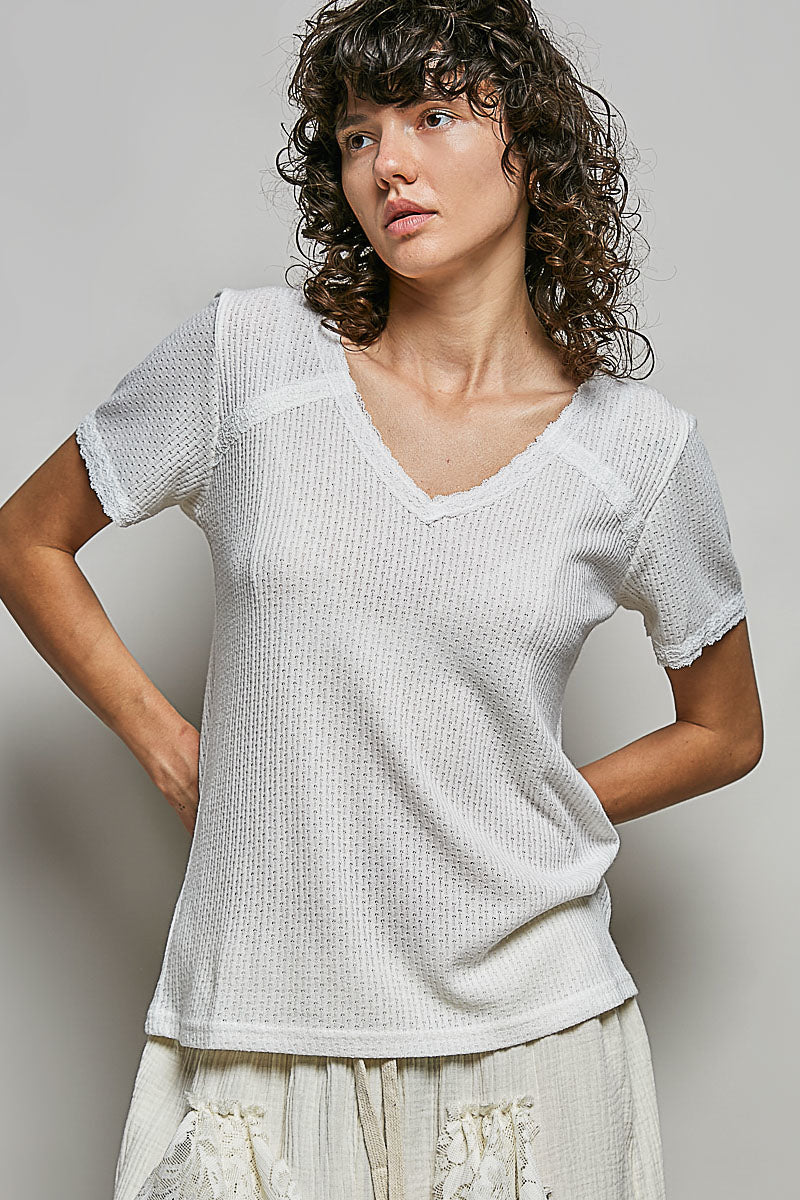POL Lace Detail V-Neck Short Sleeve Textured T-Shirt-0