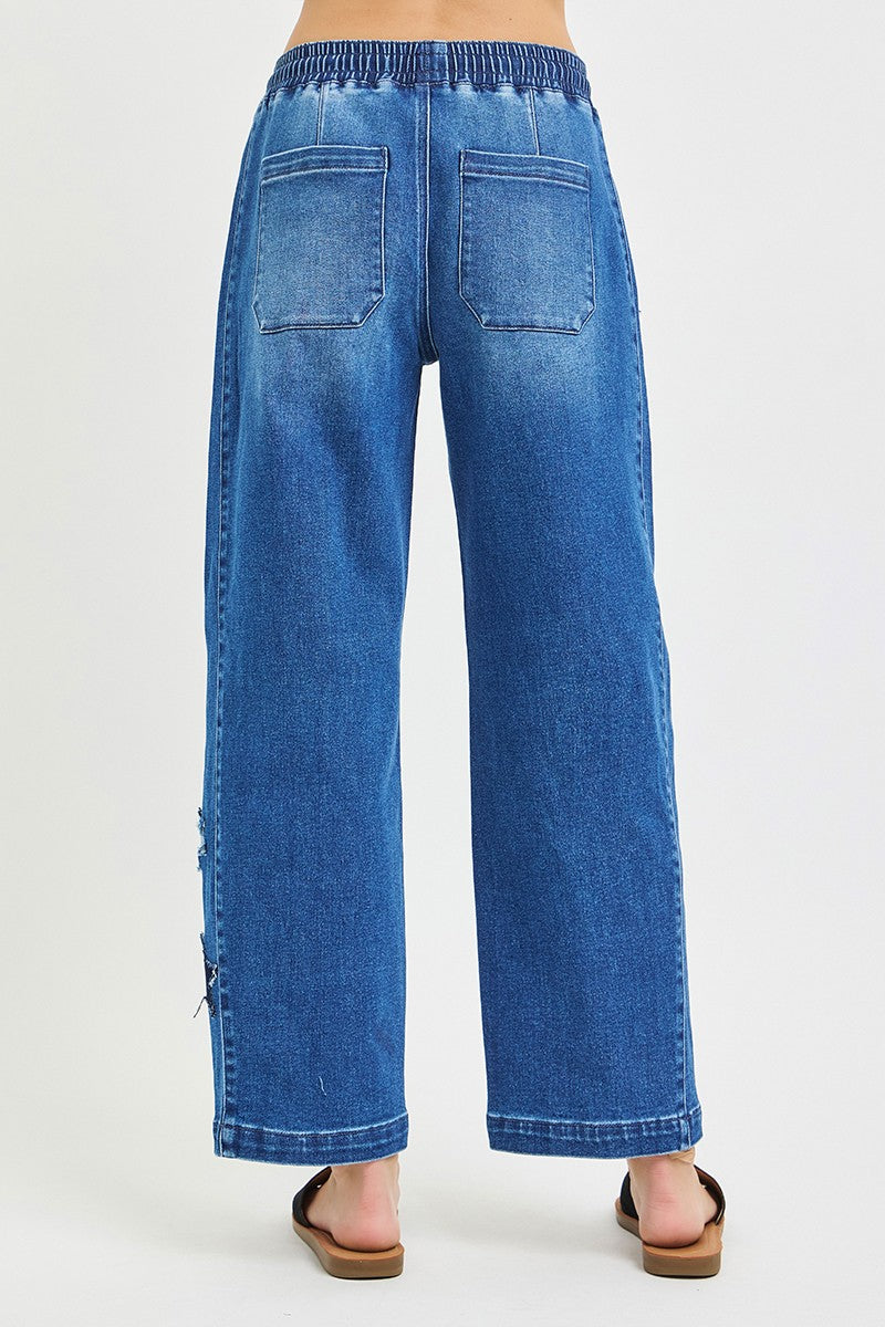 RISEN Elastic Band Slouchy Cropped Barrel with Star Patch-3