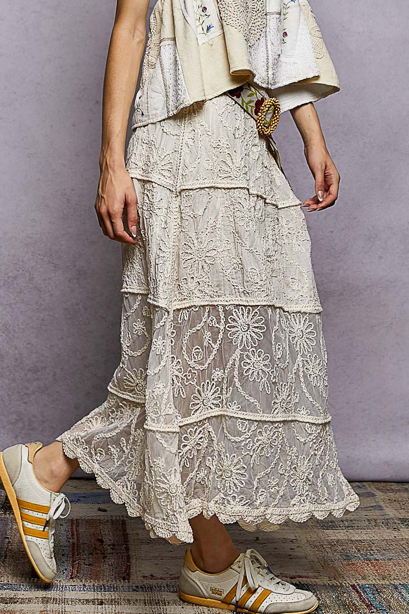 POL Floral Embroidered Tiered Crochet Skirt-1