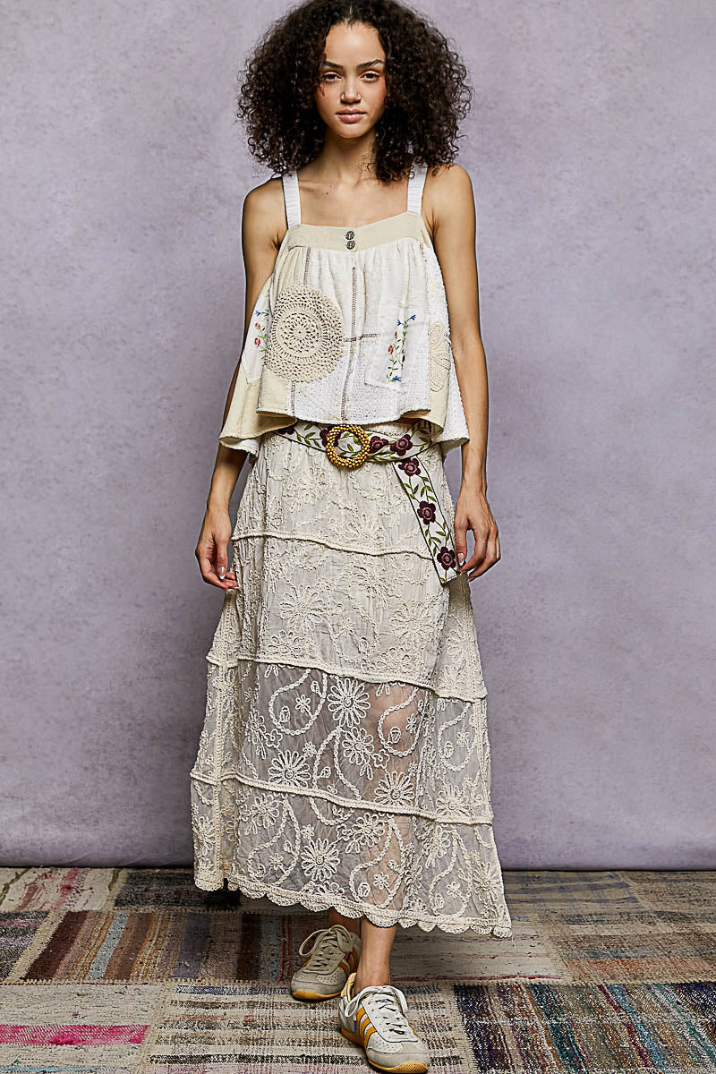 POL Floral Embroidered Tiered Crochet Skirt-3