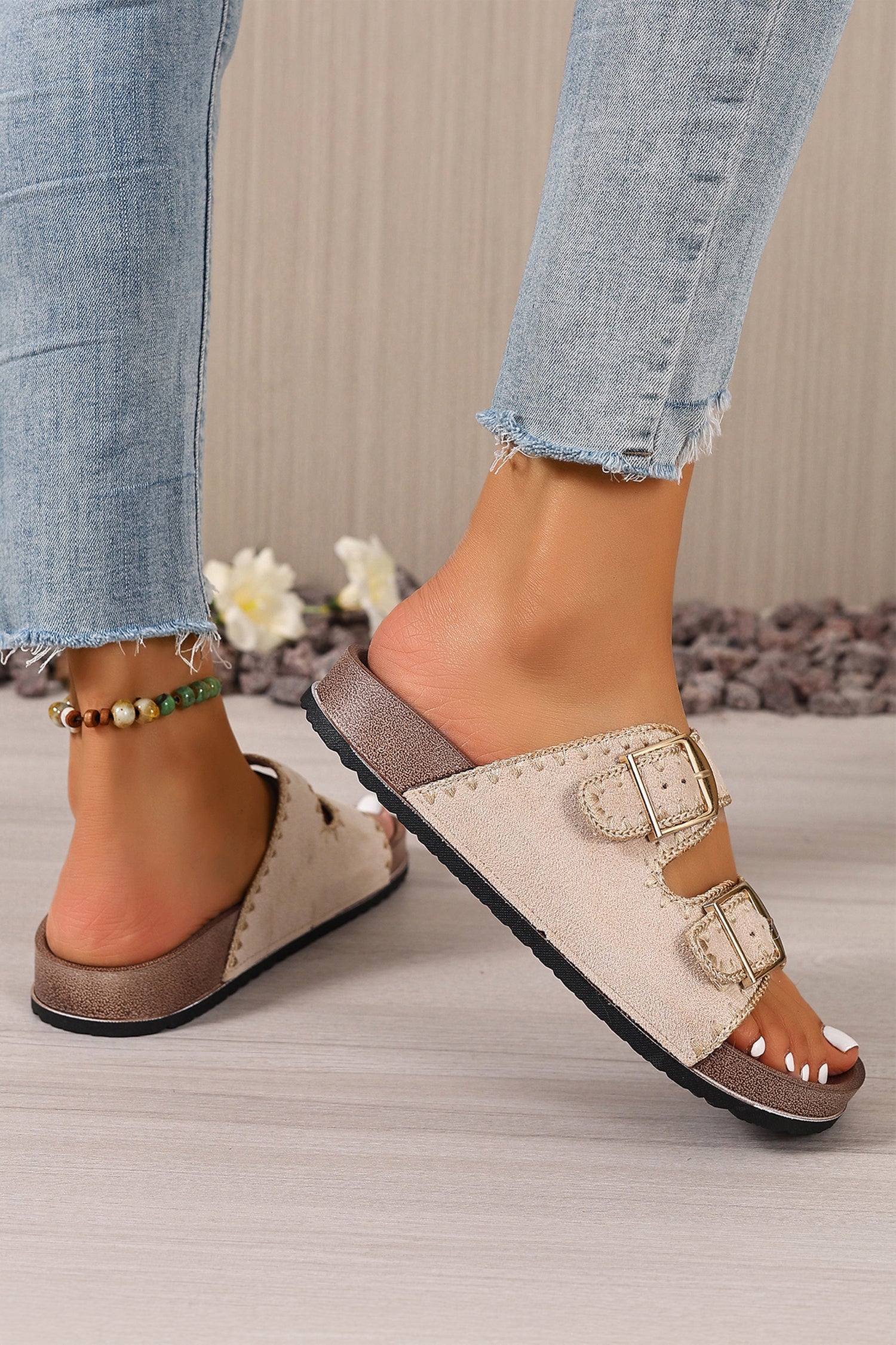 Leah Buckle Faux Suede Slippers-2