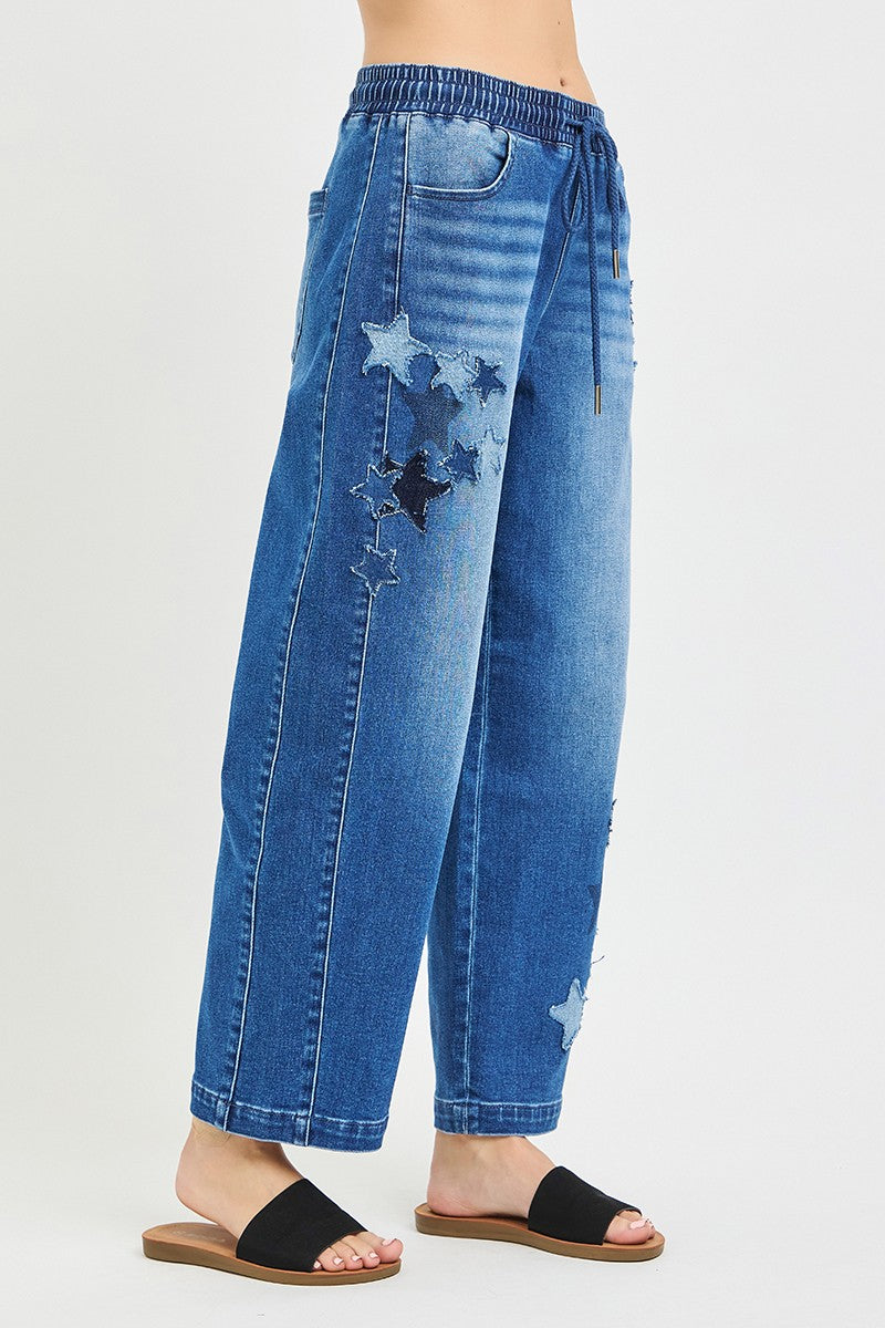 RISEN Elastic Band Slouchy Cropped Barrel with Star Patch-2