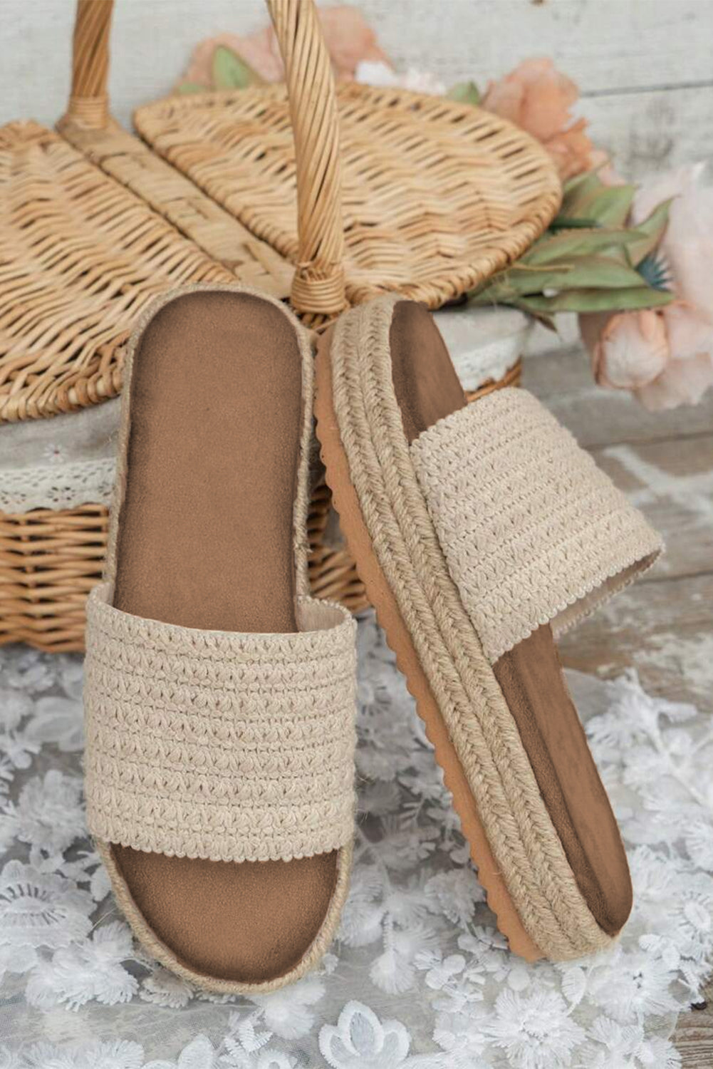White Boho Woven Non-slip Wedge Slippers-2