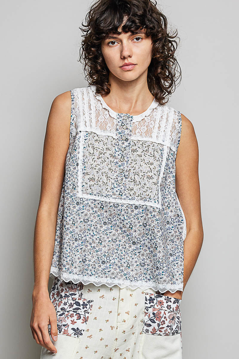 POL Printed Woven Lace Back Round Neck Sleeveless Top-0