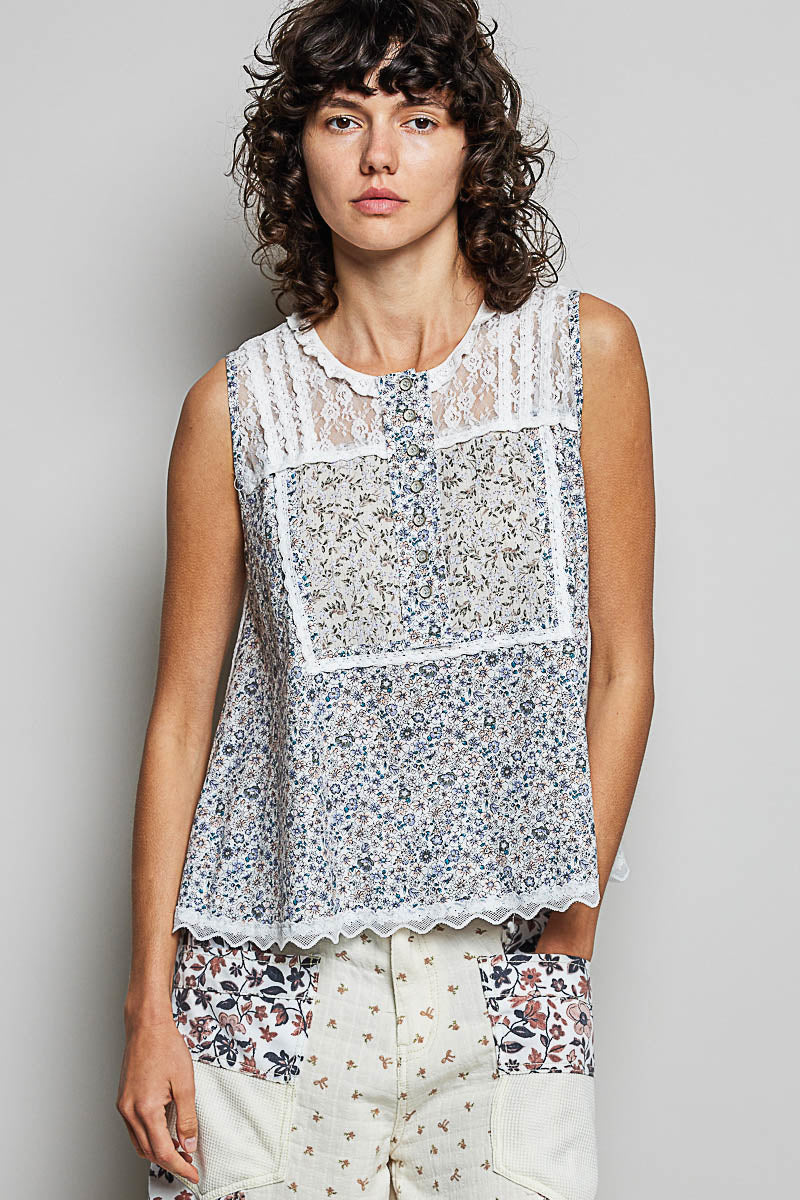 POL Printed Woven Lace Back Round Neck Sleeveless Top-1