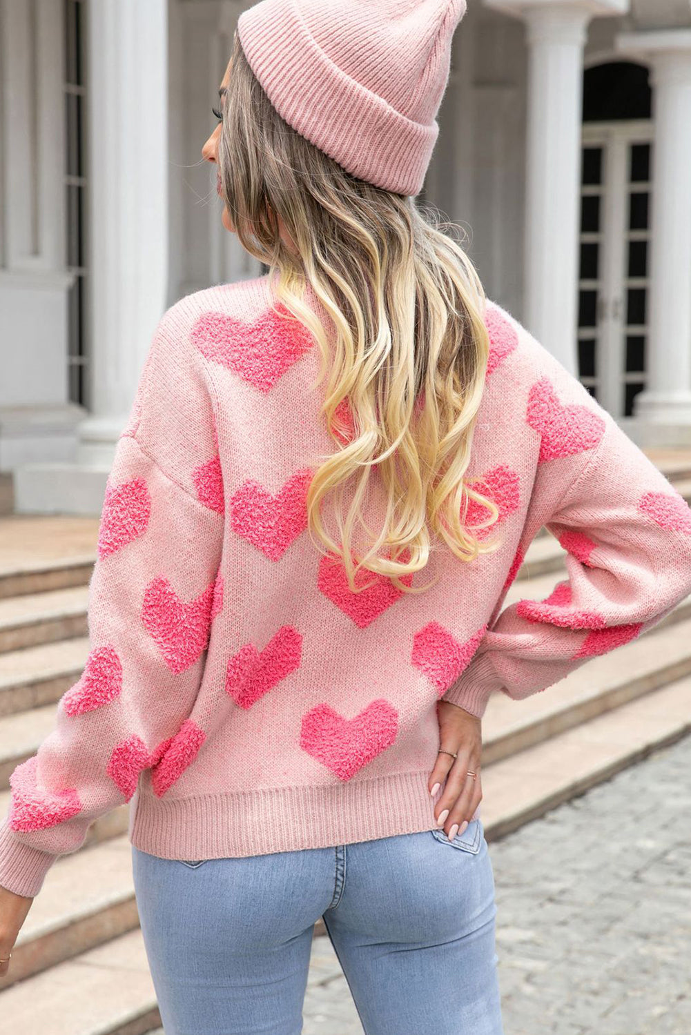 Light Pink Valentine's Day Heart Jacquard Knit Sweater