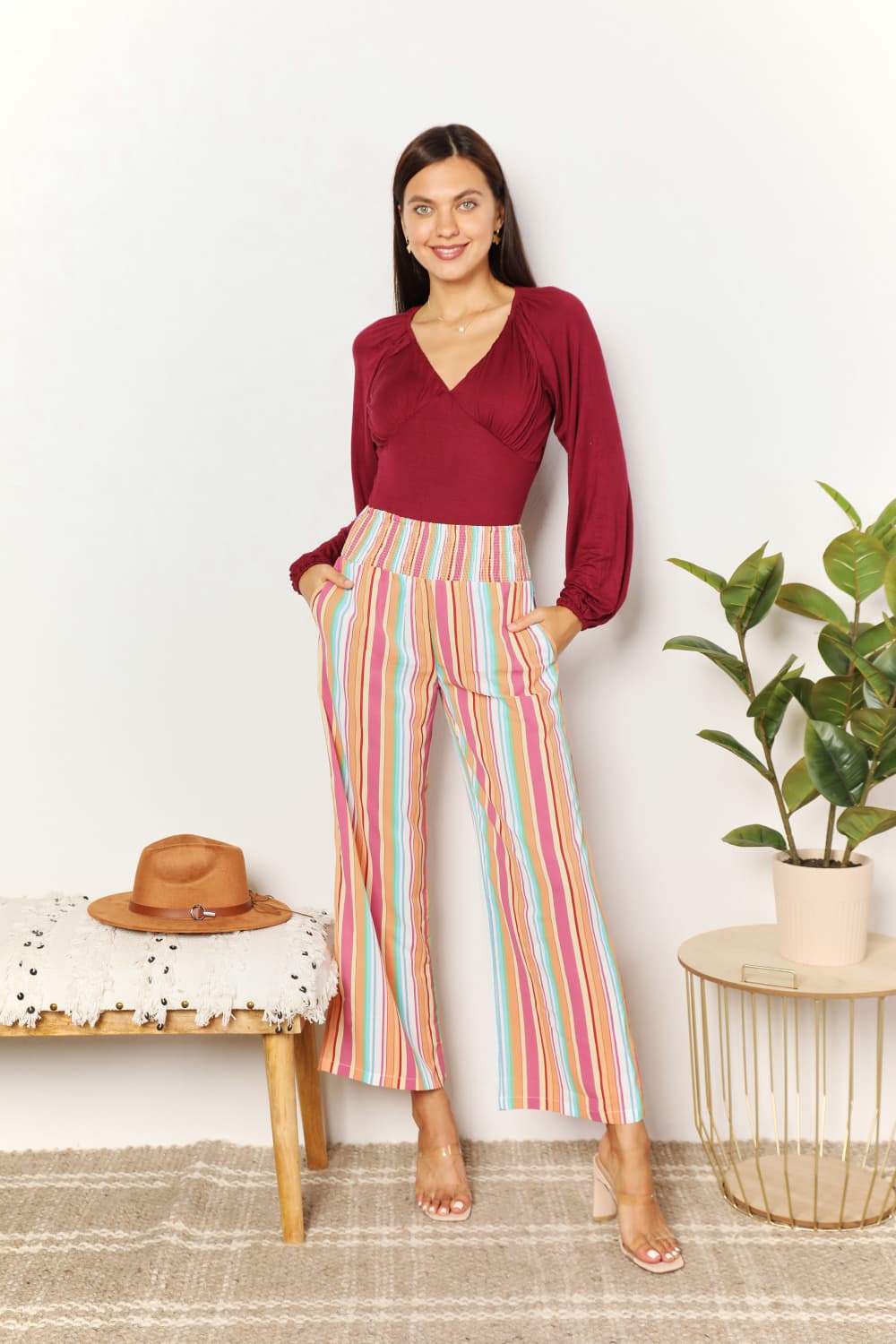 Double Take Striped Smocked Waist Pants with Pockets-3