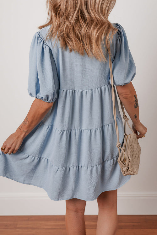 Arya Shirt Collar Button Up Puff Sleeve Tiered Dress-1