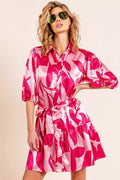 BiBi Leaf Pattern Collared Satin Dress-0