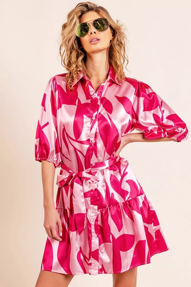 BiBi Leaf Pattern Collared Satin Dress-0