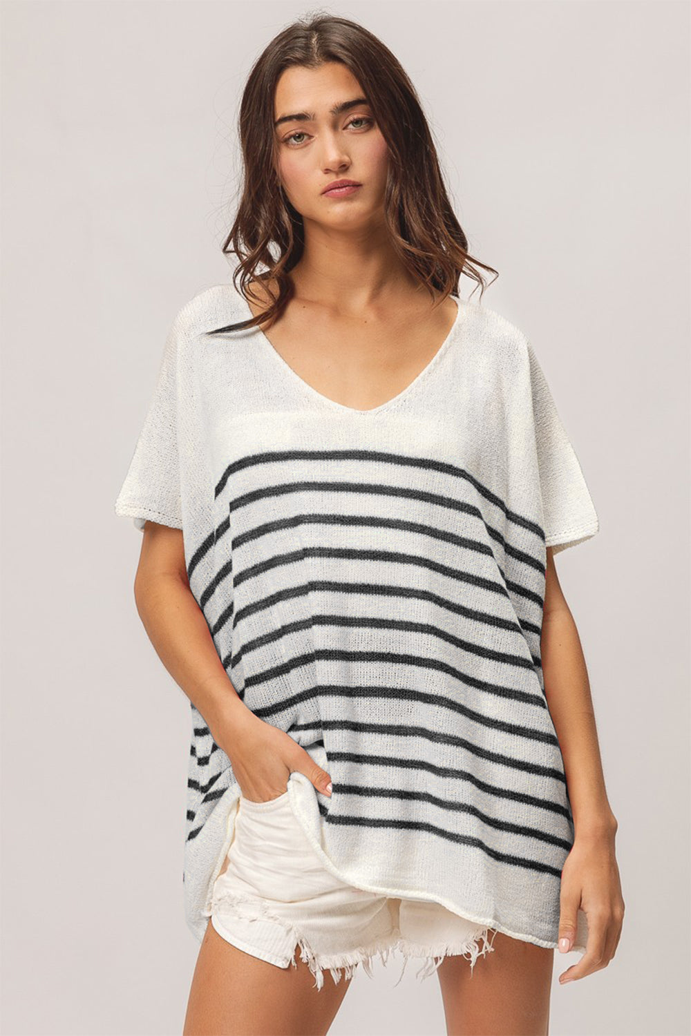 BiBi V Neck Striped Short Sleeve Top-2