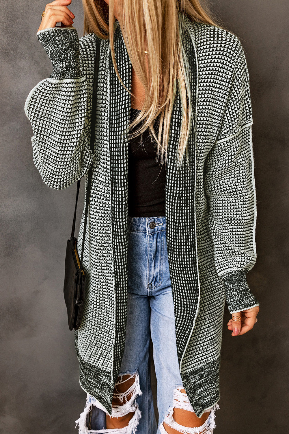 Gray Plaid Knitted Long Open Front Cardigan