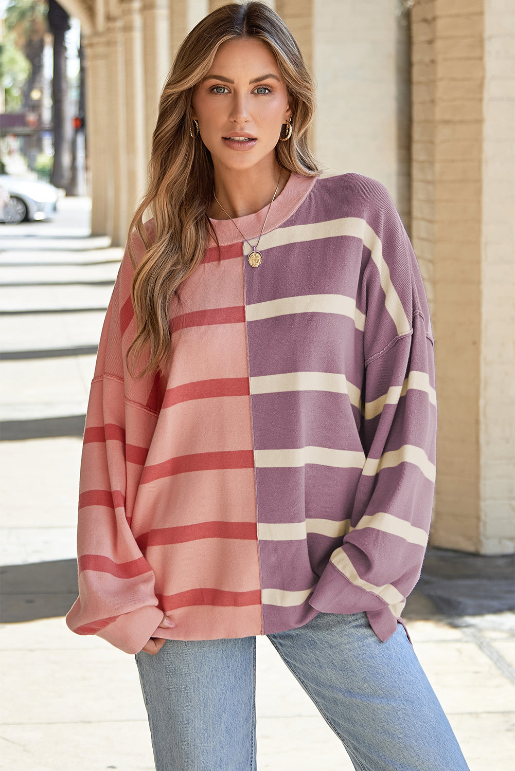 Pink Stripe Colorblock Oversized Sweater