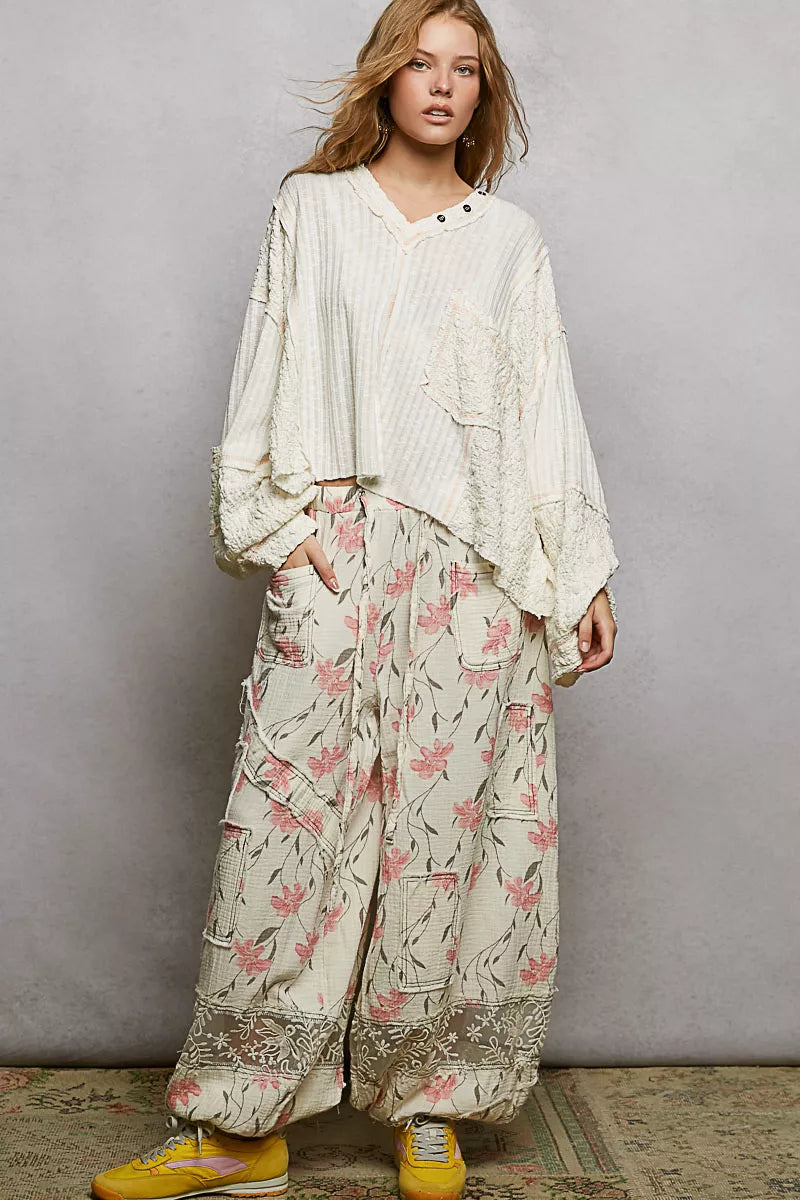 POL V-Neck Long Sleeve Top with Stitch Detail-3