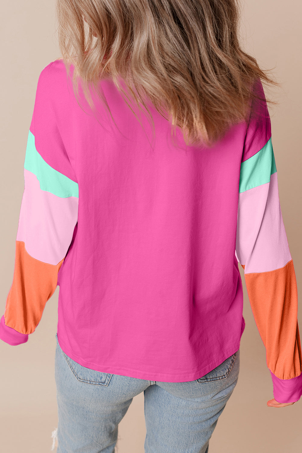 Rose Red Colorblock Patchwork Long Sleeve Loose Top