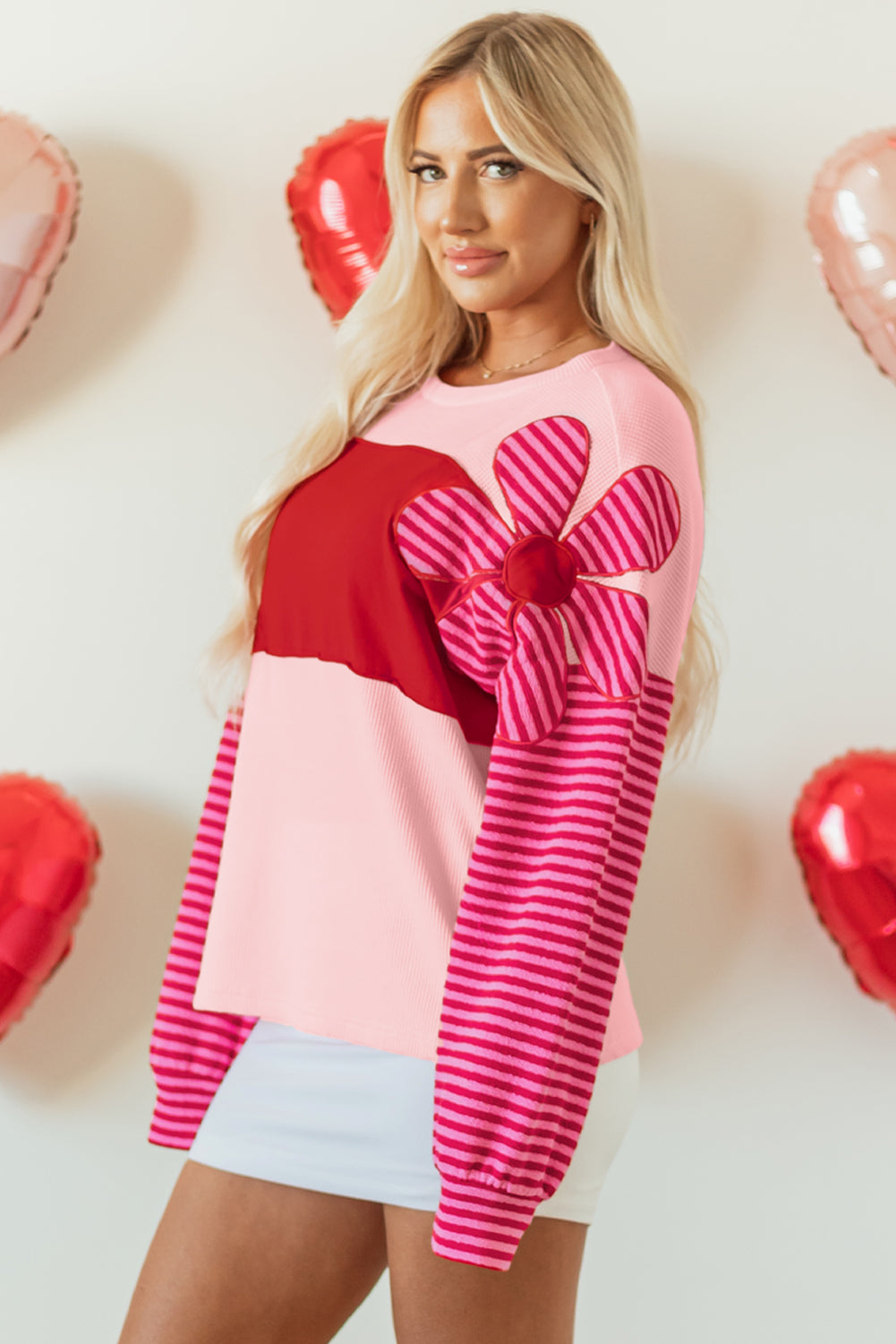 Pink Floral Patch Color Block Striped Sleeve Textured Top