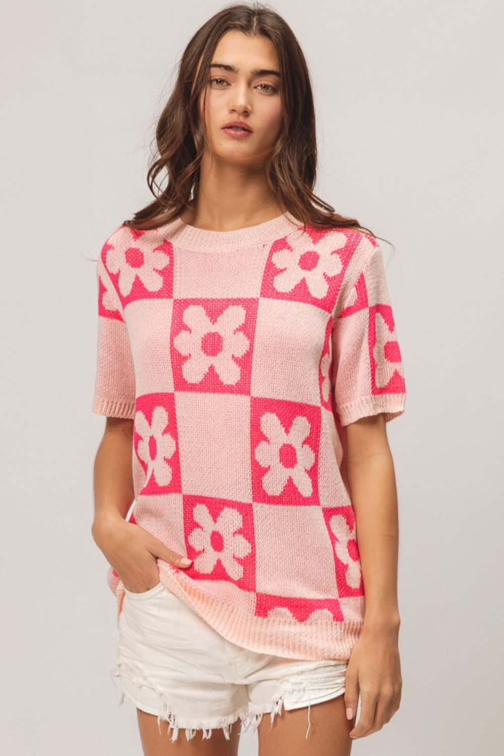 BiBi Flower Checker Pattern Short Sleeve Sweater-2