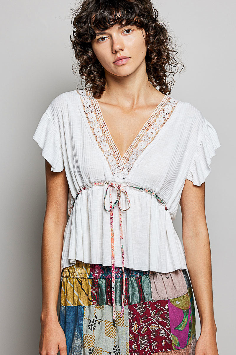 POL Tied Ruffled V-Neck Short Sleeve Blouse with Lace Detail-1