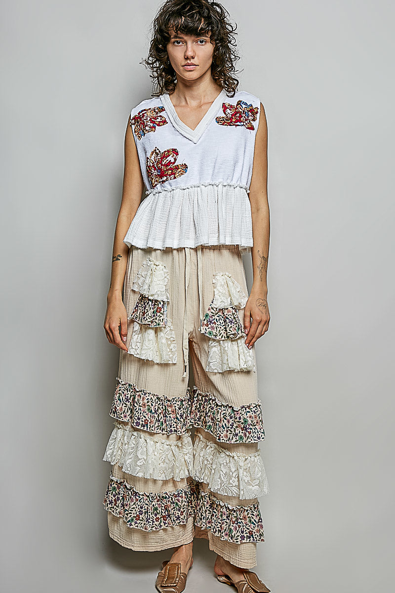 POL Floral Patch Ruffled Sleeveless Top with Raw Edge Detail-4