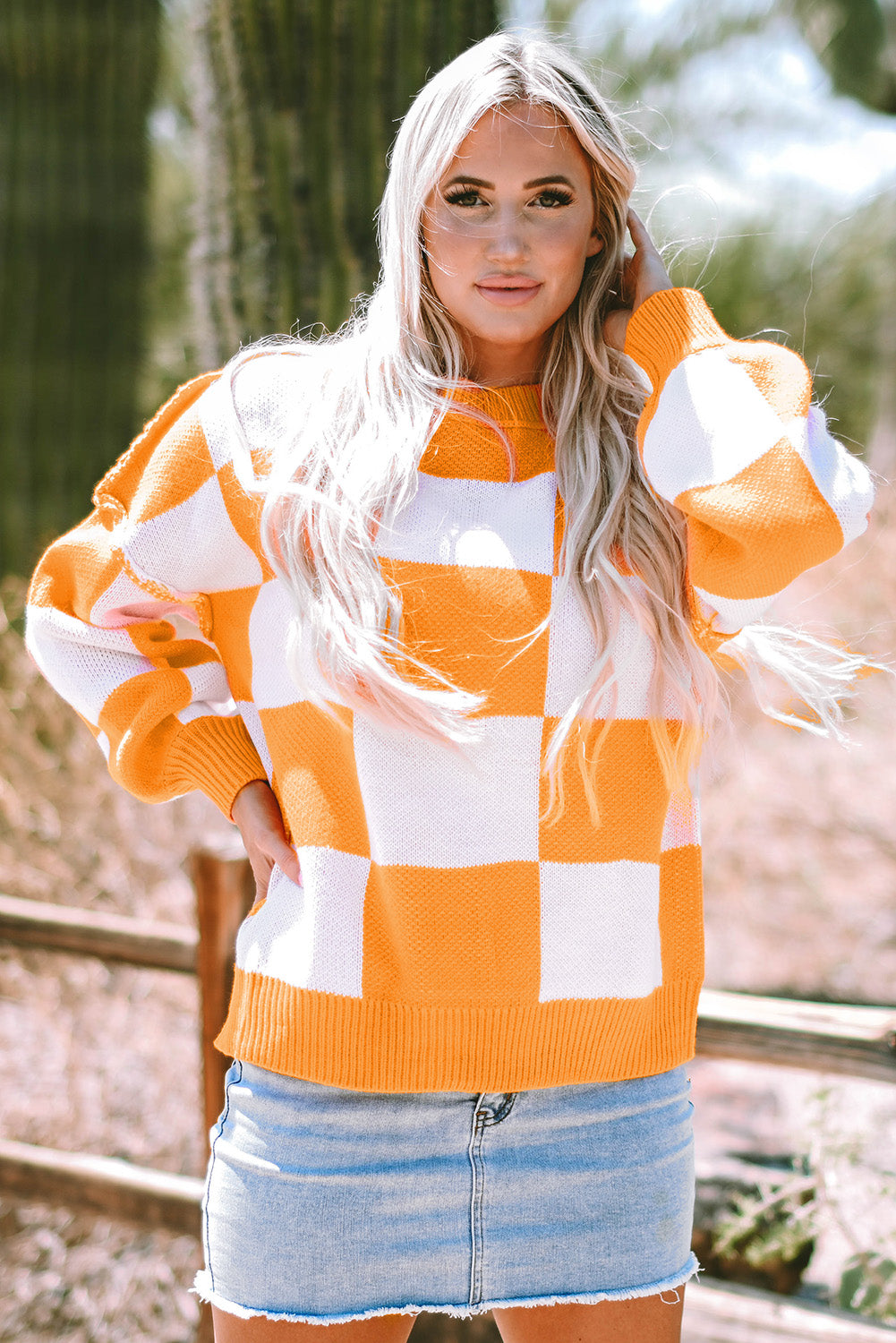 Ashley Checkered Bishop Sleeve Sweater-3