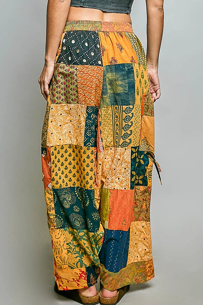 POL Printed Patchwork Wide Leg Pants with Adjustable Side Drawstring-2