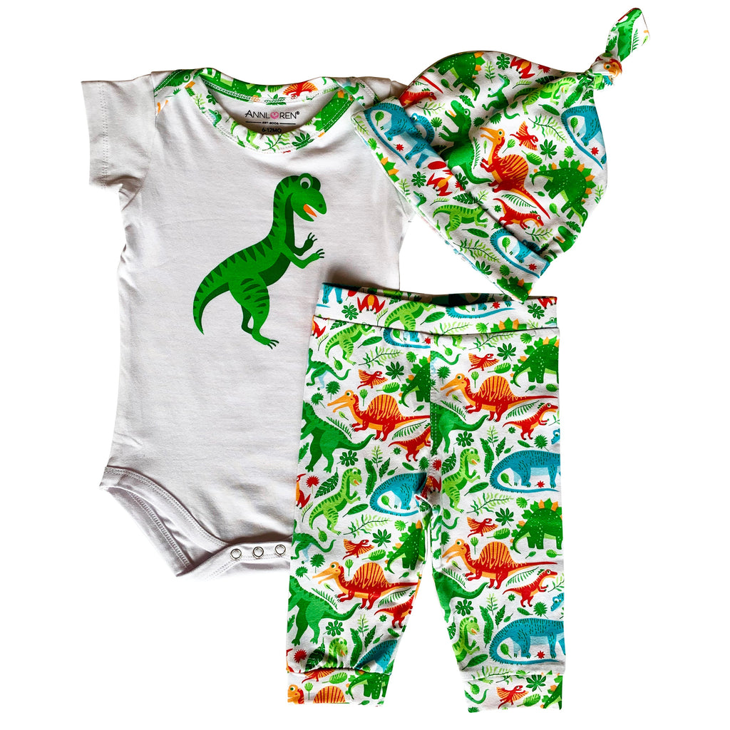 AnnLoren Baby Layette Boys Dinosaur Onesie Pants Cap 3pc Gift Set Clothing Sizes 3M - 18M-0