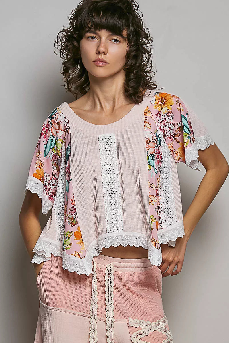 POL Round Neck Ribbed Cropped Top with Lace Detail-0